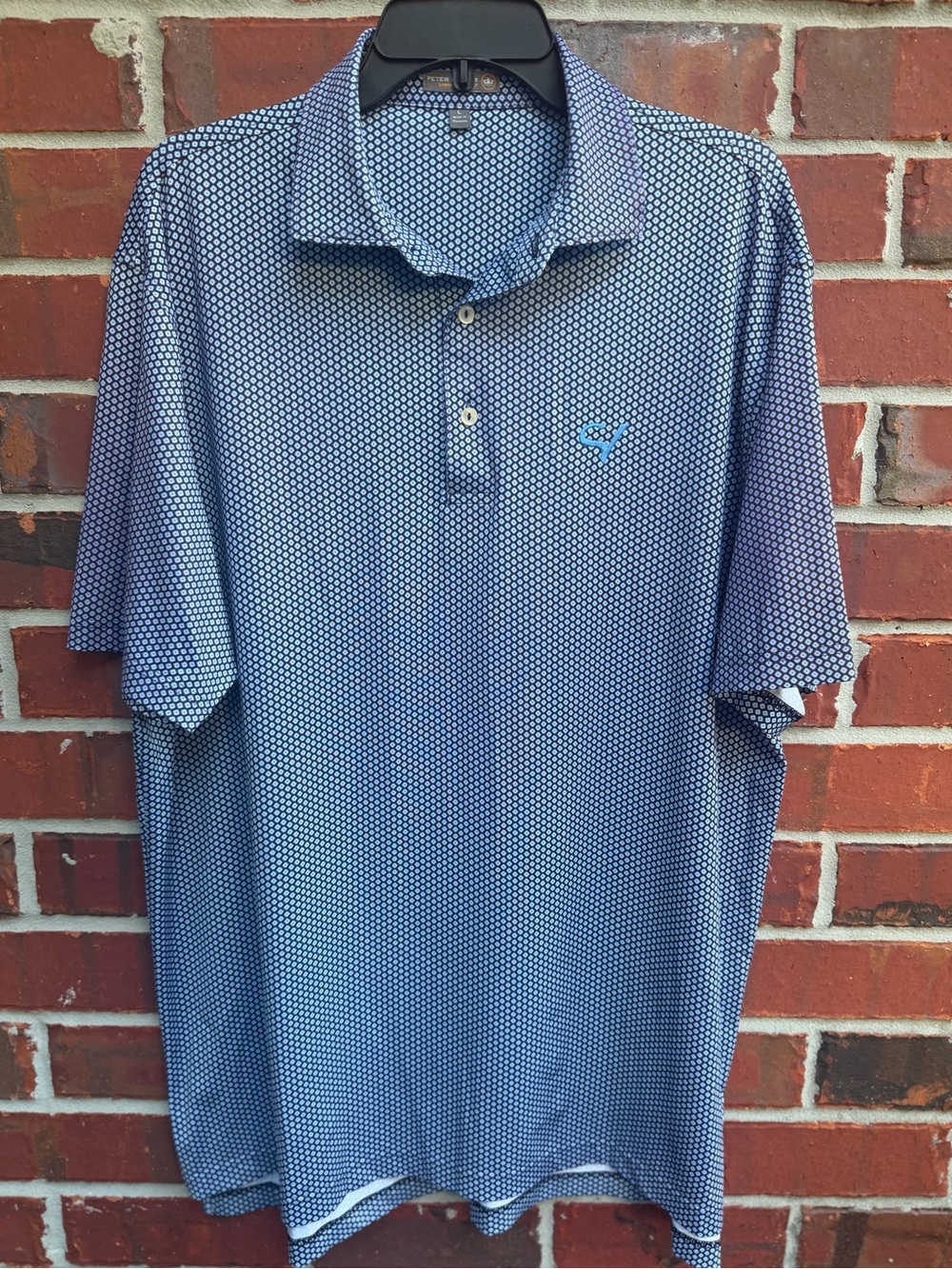Peter Millar Summer Comfort Men’s L Light Blue Geometric Honeycomb Golf Polo P2